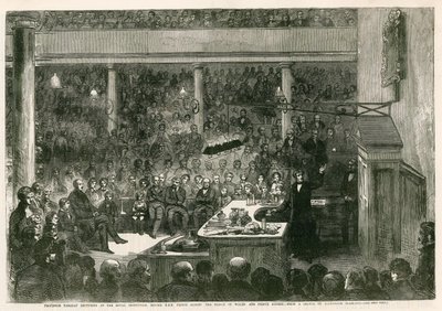 El profesor Faraday dando una conferencia en la Royal Institution ante SAR el Príncipe Alberto, el Príncipe de Gales y el Príncipe Alfredo de Alexander Blaikley